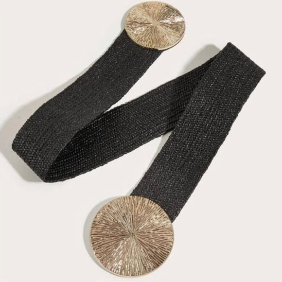 Black & Gold elastic waist belt with round disk buckle - Picture 3 of 5